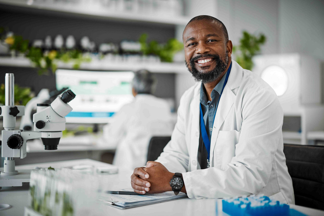 Black man, portrait or science laboratory for medical research, gmo studying or healthcare for genetic engineering. Smile, happy or plant scientist with biology documents clipboard of growth research.