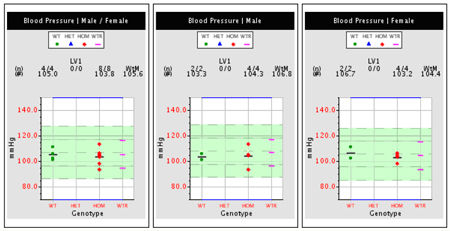 Three sample plots of blood pressure in individual mice