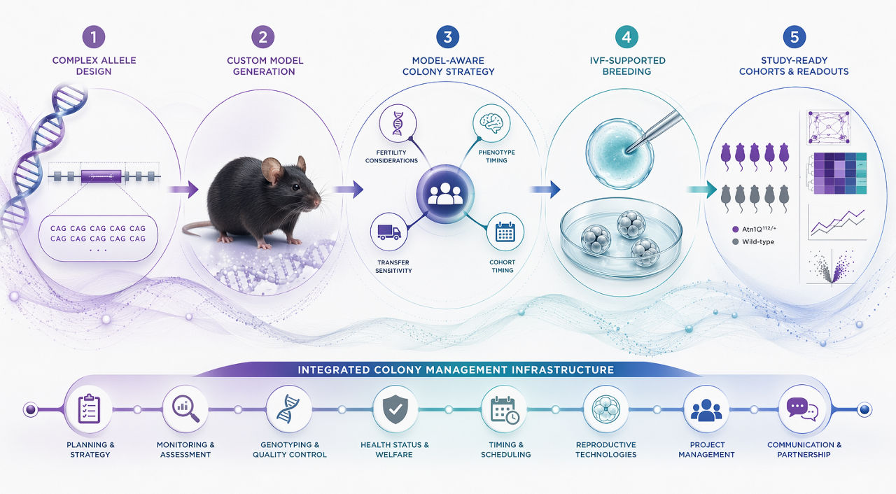Scientific workflow graphic showing complex allele design, custom genetically engineered mouse model generation, model-aware colony strategy, IVF-supported breeding, and study-ready cohorts connected by integrated colony management infrastructure.