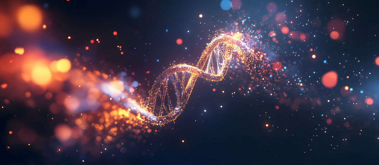DNA spiral with fiery particles